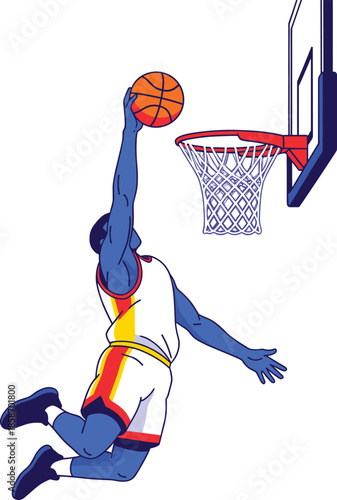 Stylized basketball player mid-air slam dunk with white jersey, red-yellow accents, blue skin, and detailed hoop