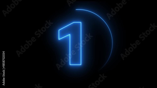 5 second countdown timer animation with neon number text glowing from 5 to 0 with interesting circle animation. Circle countdown timer 5 sec animation on black background.