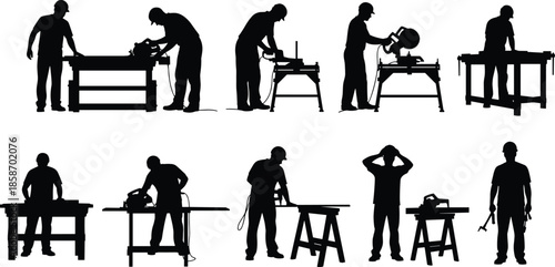 Black silhouettes of professional carpenters and woodworkers using power saws and tools at work benches representing construction renovation and craftsmanship