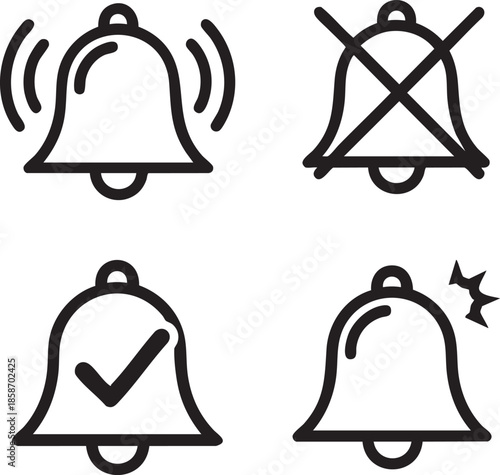 bell icon, school bell icon, ringing bell icon, silenced bell icon, black and white.eps