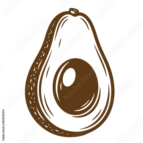 Vintage Brown and white illustration of a halved avocado with pit  healthy food and fruit symbol