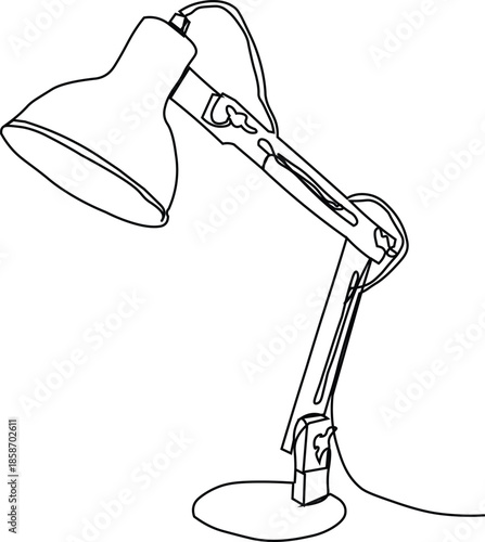 Minimalist Desk Lamp Continuous Line Art Illustration. Modern Office Workspace Adjustable Table Light Vector. Hand Drawn Simple Scandinavian Style Study Lamp Icon for Interior Design and Branding.