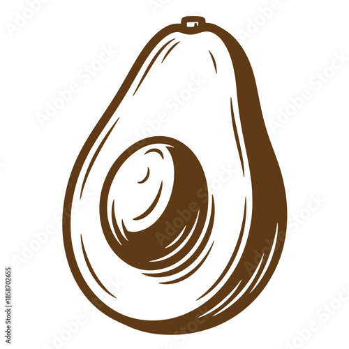 Vintage Brown avocado half with pit illustration on white background