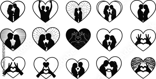 Black silhouettes of romantic couples and heart hand gestures inside heart shapes representing love passion Valentines Day wedding and engagement (20 words)