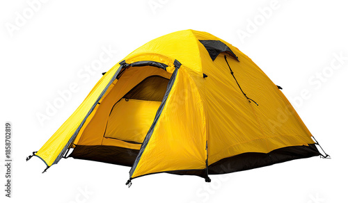 Bright yellow camping tent against black background