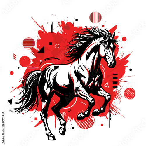 Lunar new year of the powerful sketch-style horse with dynamic red paint splatters and geometric elements, symbolizing energy.