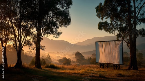 Scenic Outdoor Drive-In Movie Theater at Sunrise with Misty Mountains.