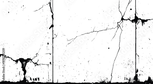 Distress overlay vector textures. Vector cracks, breaks on land surface from earthquake. White black grey wall, with cracks, texture background.
