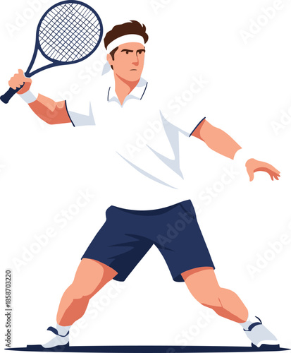 Stylized tennis player preparing forehand shot with racket and athletic stance for sports design, fitness, and education