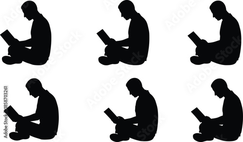 Reading silhouettes, cross-legged posture, book engagement, seated gesture, study moment, educational theme, quiet activity, intellectual pose, silhouette art, learning habit