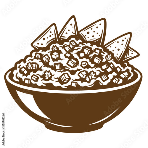 Vintage brown bowl of oatmeal with ice cubes and maple leaves and slices of bread on top isolated on transparent background