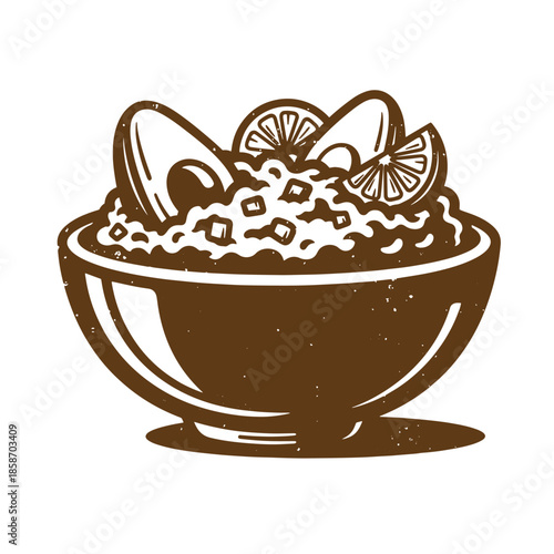 Vintage Brown bowl of rice with spoon and lemon slices on top isolated on transparent background