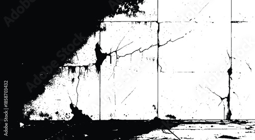 Cracked distressed grunge texture overlay: abstract black lines on white. Scratched or cracked vector illustration.