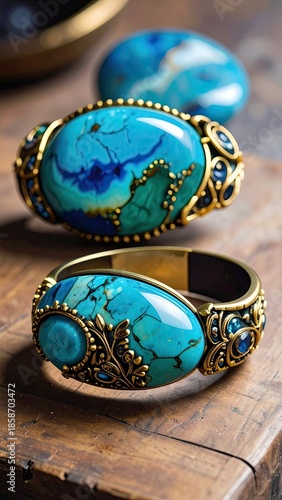 Turquoise bracelets, gold accents on aged wooden surface