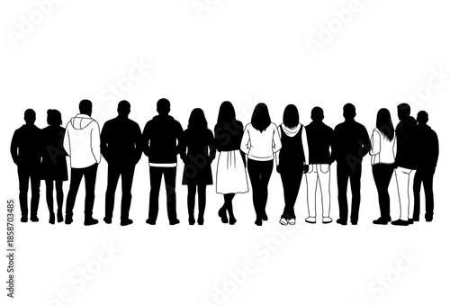 Back view vector silhouettes of diverse people standing in different poses isolated on white background