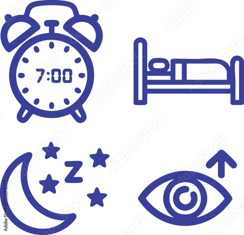 alarm clock, bed, crescent moon, stars, eye.