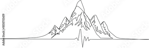 Minimalist Mountain Heartbeat Line Art. Nature EKG Pulse Illustration. Conceptual Travel and Adventure Peak Vector. Continuous Line Outdoor Life Passion Drawing.