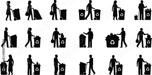 Recycling and Garbage Silhouettes Set: People Disposing of Waste in Trash Cans and Recycling Bins Collection Icons Vector