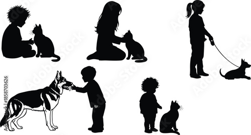 Black silhouettes of young children playing with cats and dogs representing childhood friendship domestic pet care animal kindness and innocence