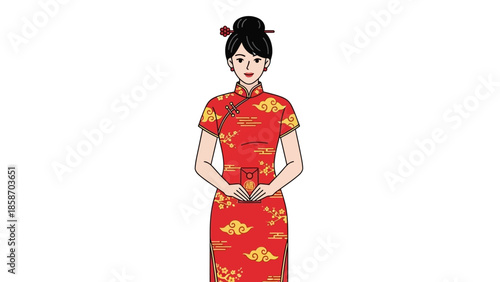 Elegant Woman in Red Cheongsam Holding Red Envelope Chinese New Year.