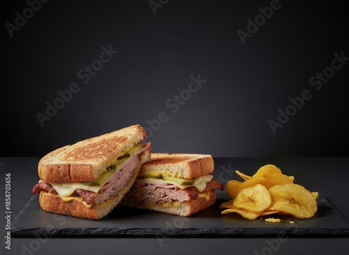 Delicious Grilled Ham and Cheese Sandwich Cut in Half Served with Crispy Plantain Chips on Slate Plate for Tasty Lunch Meal and Fast Food Menu Promotion Photography