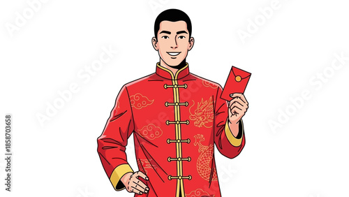 Smiling Man in Traditional Red Chinese Attire Holding Red Envelope.