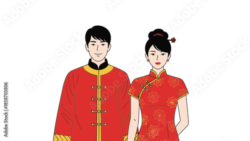 Traditional Chinese Couple in Red Attire Smiling Standing Together.