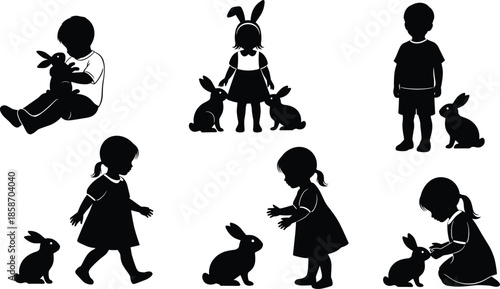 Black silhouettes of young children playing with rabbits representing childhood innocence pet care Easter spring nature activities and animal kindness