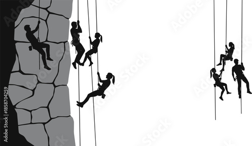 Rock climbing silhouettes, rappelling action, outdoor adventure, teamwork illustration, rope descent, physical challenge, mountain sport, dynamic poses, cliff wall ascent