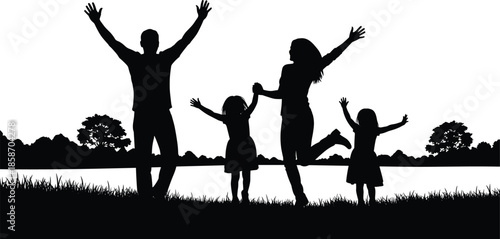 Happy family silhouettes jumping together outdoors, parents and children celebrating joy and freedom on nature landscape background illustration
