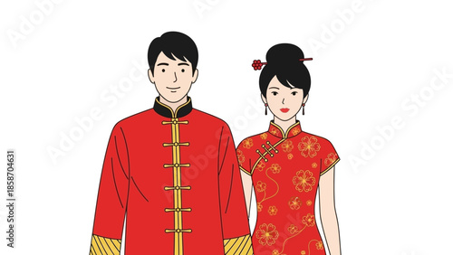 Traditional Chinese Couple in Red Attire Smiling Standing Together.