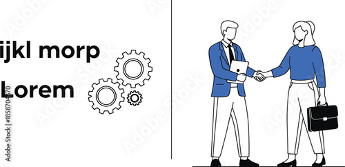 Business man and woman shaking hands representing professional partnership collaboration deal agreement corporate networking teamwork and industrial synergy with gear icons