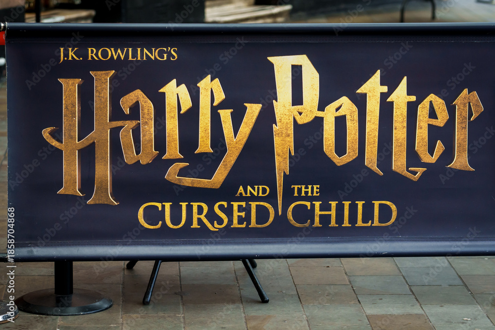 Fototapeta premium LONDON, UK. 16th February 2025. Harry Potter logo on London's Palace Theatre. Harry Potter is a series of seven fantasy novels written by British author J. K. Rowling.