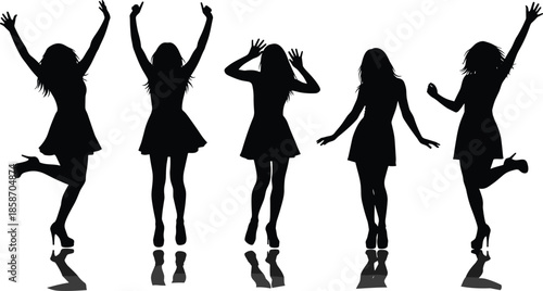 Happy women dancing silhouette group, joyful female celebration poses, black vector illustration, freedom, energy, nightlife, party, happiness, lifestyle concept