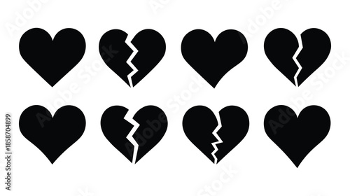 Heart and Broken Heart Icons Vector Set for Love, Sadness and Relationship Concepts