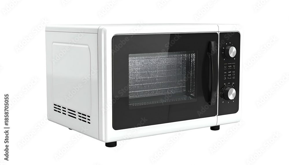 Fototapeta premium White appliance with black door, controls, vents. Isolated on black, angled view