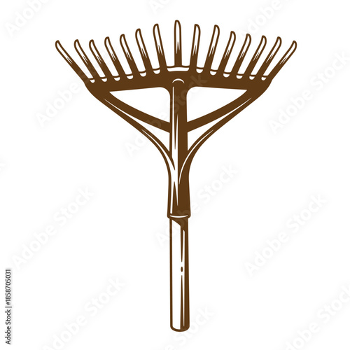 Vintage Brown garden rake tool for yard work and landscaping isolated on white background