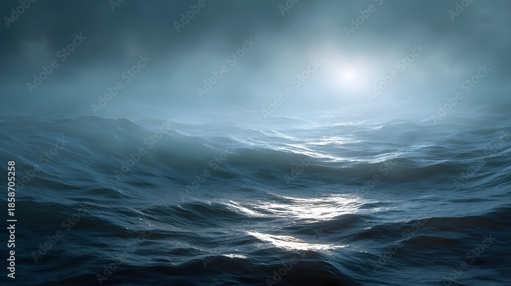 Fototapeta premium A stormy ocean scene with sunlight breaking through mist and clouds casting reflections on the turbulent waves
