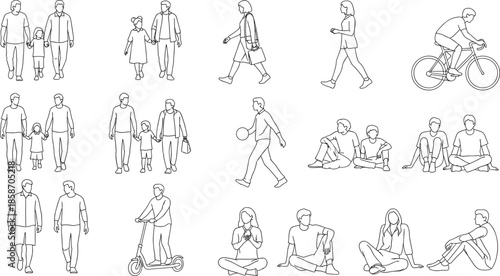 Human activity, line art, walking, sitting, biking, scooter, family, children, everyday life, silhouette, black and white, pose, movement, lifestyle