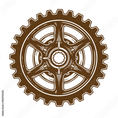 Vintage Brown gear wheel with six spokes and serrated edge isolated on white background