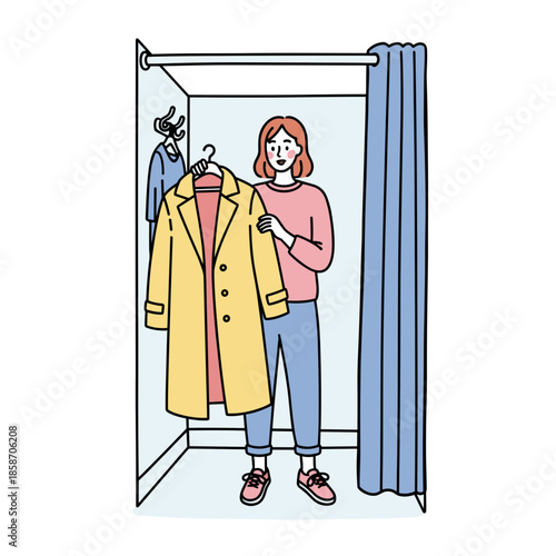Young woman trying on yellow coat in clothing fitting room  