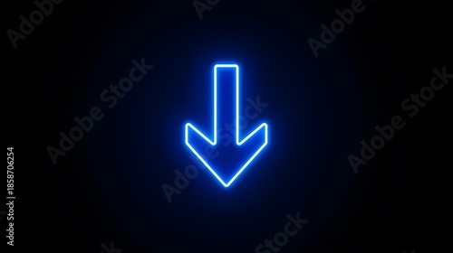 Glowing blue neon down arrow icon on dark background for download direction and navigation