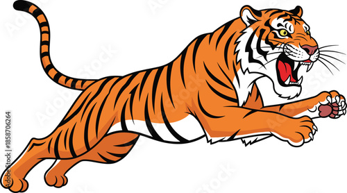 Powerful, roaring, jumping, orange, Bengal, tiger, mascot, illustration, isolated, on, white, background, aggressive, wild, animal, predatory, feline, sports, logo, vector.