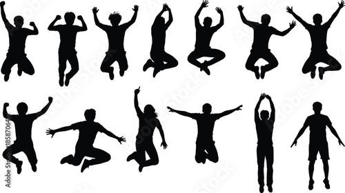 Jumping people silhouettes expressing joy and freedom, energetic poses collection, active lifestyle celebration concept illustration isolated white background