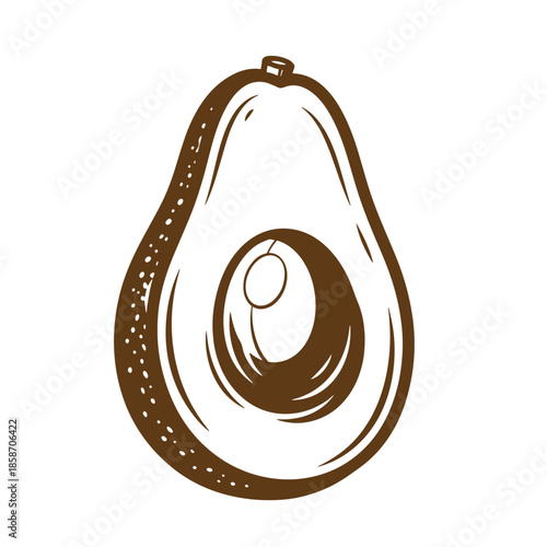 Vintage Brown illustration of a halved avocado with pit on white background  healthy food concept
