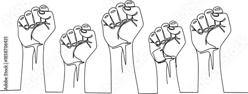 Continuous line drawing of multiple raised clenched fists representing unity strength protest revolution social justice human rights empowerment and solidarity
