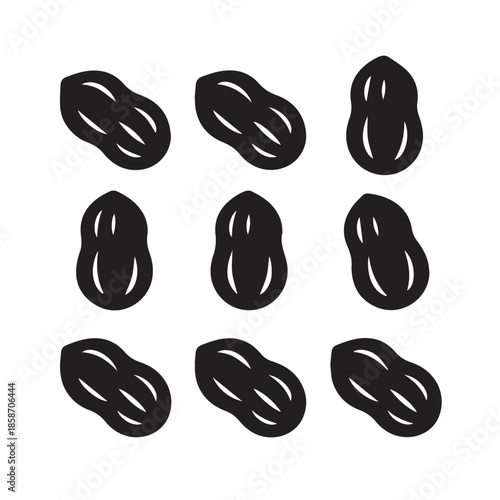 Set of eight black peanuts on white background