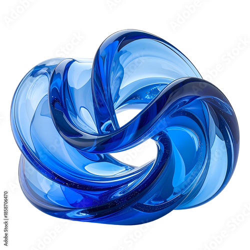 Abstract 3D sculpture of interwoven blue glass loops, set against a dark background