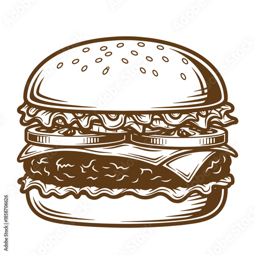 Vintage Brown illustration of a hamburger with sesame seed bun and melted cheese isolated on white background