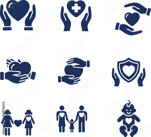 a collection of simple blue heart and hand icon graphics, minimal 2d flat design, high contrast, simple shapes.eps